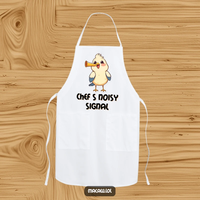 Funny bird honking a tiny horn with great joy while cooking, a humorous and festive apron.