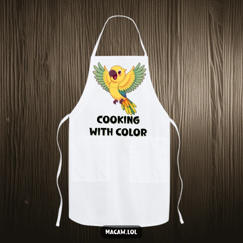 Funny happy macaw apron, a joyful macaw flying, its wings creating a bright rainbow arc over a chef.