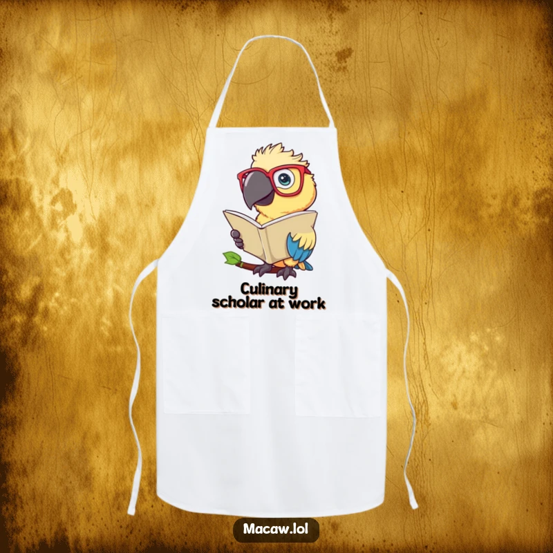 Funny Macaw Apron: Chef's apron with a scholarly macaw bird wearing glasses and reading a large leaf.