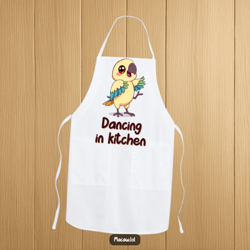 Funny macaw apron showing a bird with big, happy eyes making a funny dance move, great for cooking.