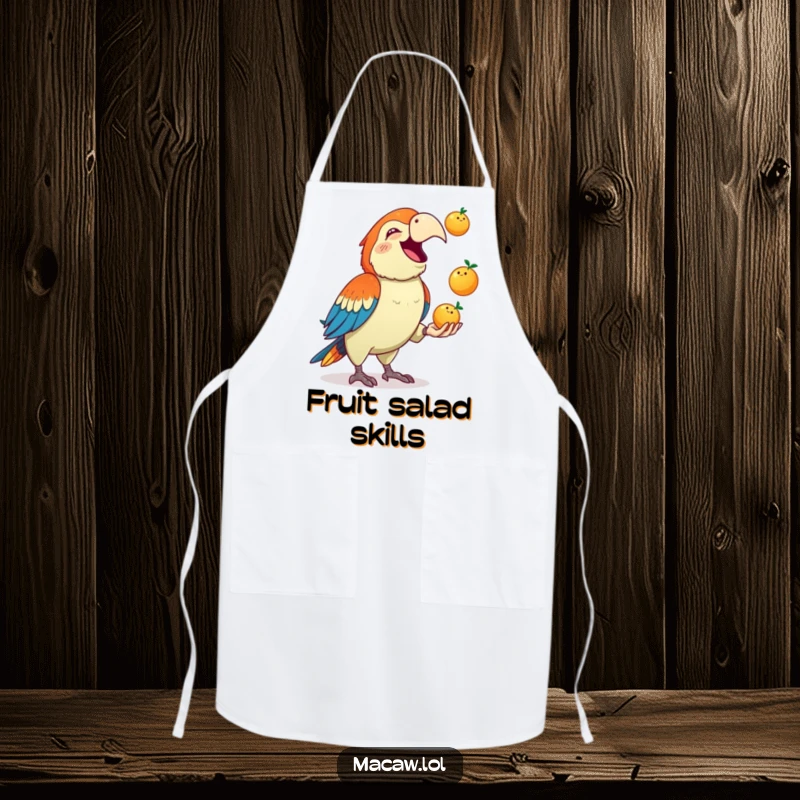 Funny Macaw Apron: A cute macaw squawks gleefully while juggling three small fruits, a humorous and practical kitchen accessory.