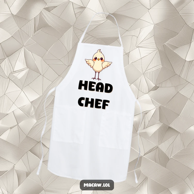 Funny Bird Apron: A proud bird stands on its head with wings spread, adding a humorous and skilled touch to kitchen attire.