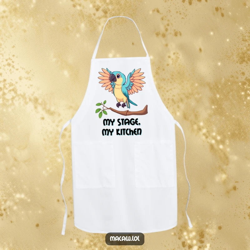 Funny apron showing a macaw bird posing dramatically with outstretched wings, ready for kitchen action with theatrical flair.