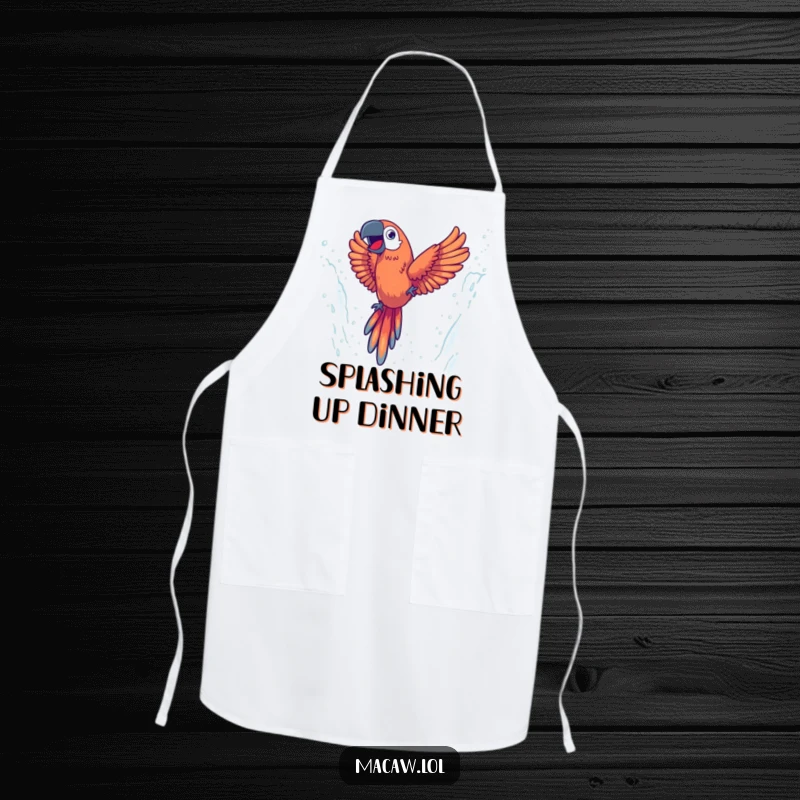 Funny apron featuring an energetic macaw diving through a misty waterfall, perfect for cooks who embrace culinary adventures.
