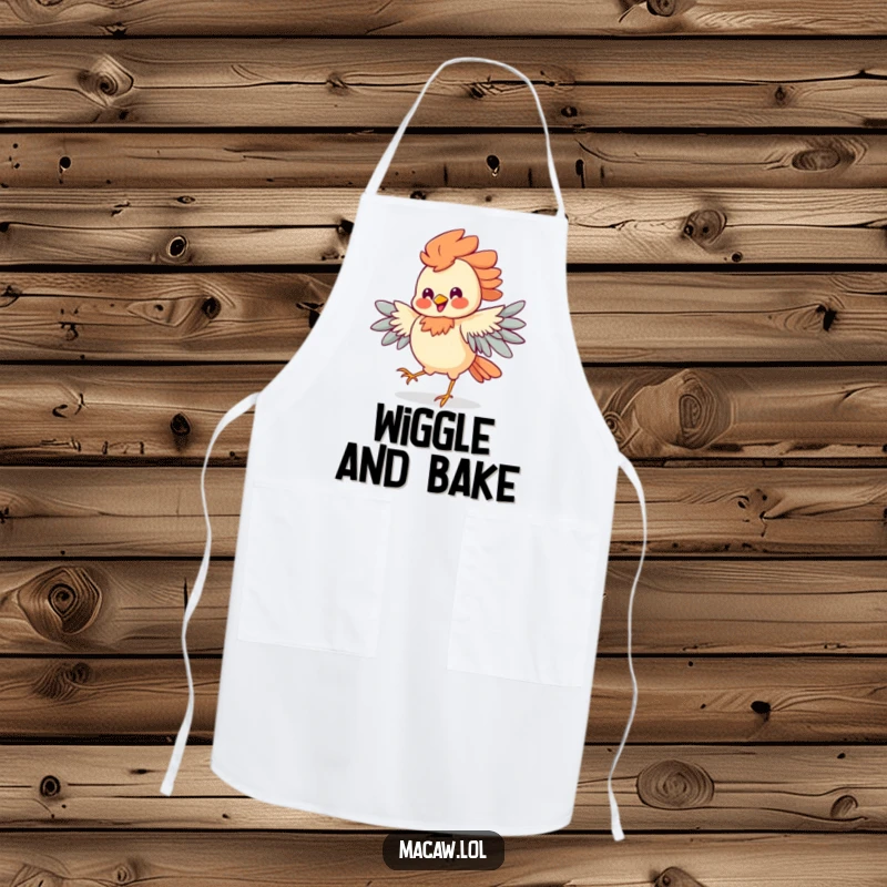 Funny Jigging Bird Apron illustrating a festive bird dancing energetically with an undeniably silly grin, perfect for kitchen fun.