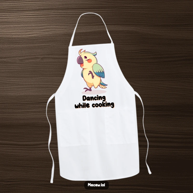 Funny apron featuring a joyful macaw dancing and tapping its foot, perfect for cooks who bring energy to the kitchen.