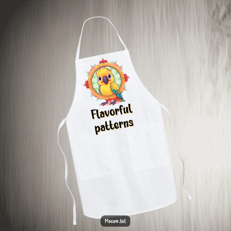 Funny apron showing a curious macaw bird looking through a sparkling kaleidoscope, ready for kitchen creations with a sense of wonder.