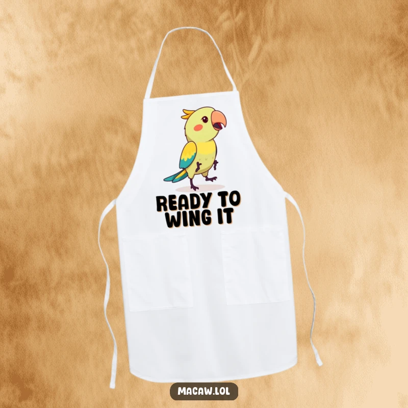 Funny kawaii macaw bird doing a silly hop dance on a durable kitchen apron, ready to make cooking more enjoyable.
