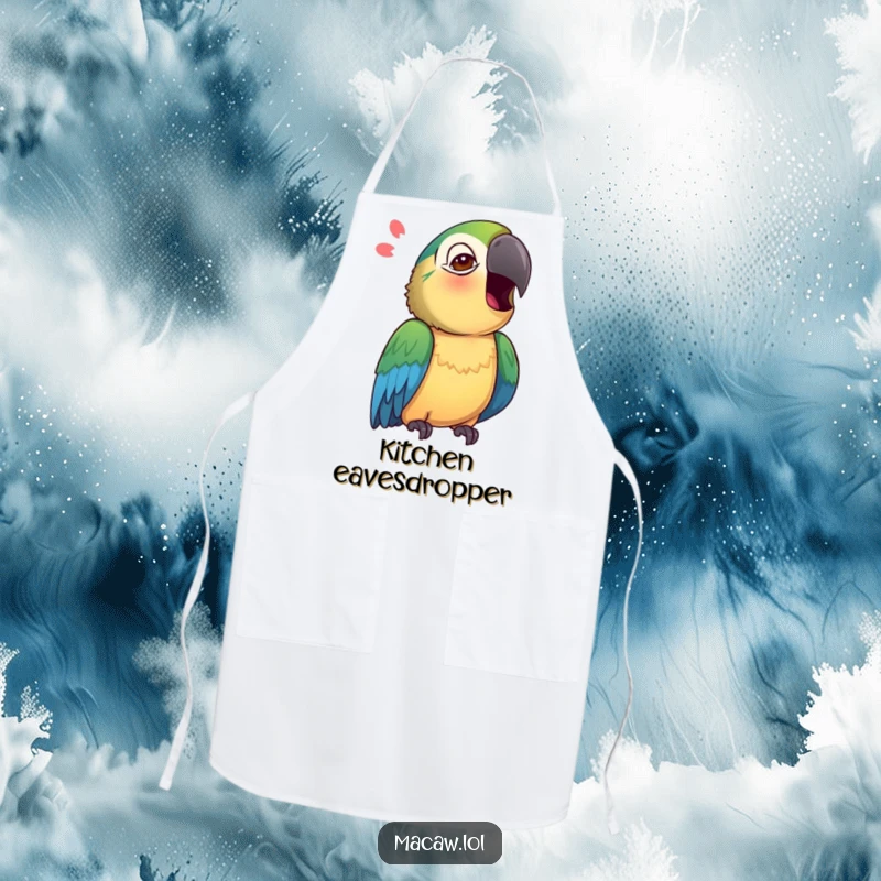 Funny Macaw Apron showing a curious macaw tilting its head, mimicking a sound, ideal for kitchen fun.