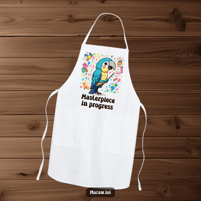 Funny macaw bird painting a chaotic, colorful mural with its beak while cooking, a humorous apron.
