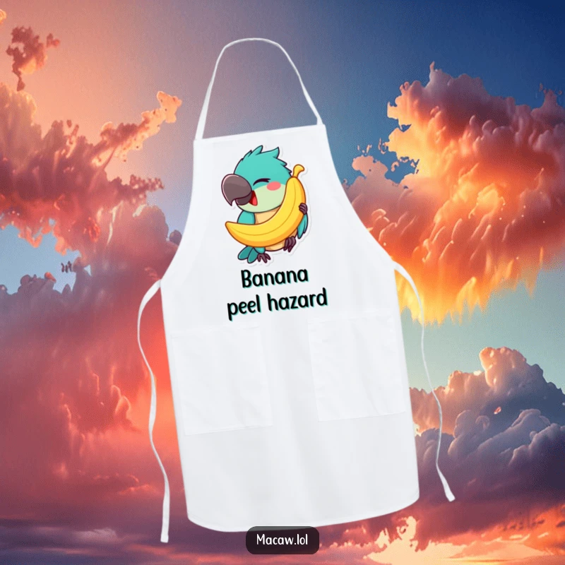 Funny Macaw Apron: A happy macaw winks mischievously, balancing a banana on its beak, a humorous and practical kitchen accessory.