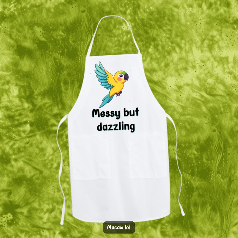 Funny macaw apron, a lively bird flying through a sparkling cascade of glitter, ready for culinary adventures with a humorous touch.