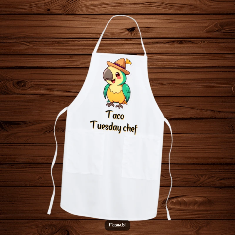 Funny Apron showcasing a cheerful macaw tipping a tiny sombrero with a flourish, ready for festive cooking.