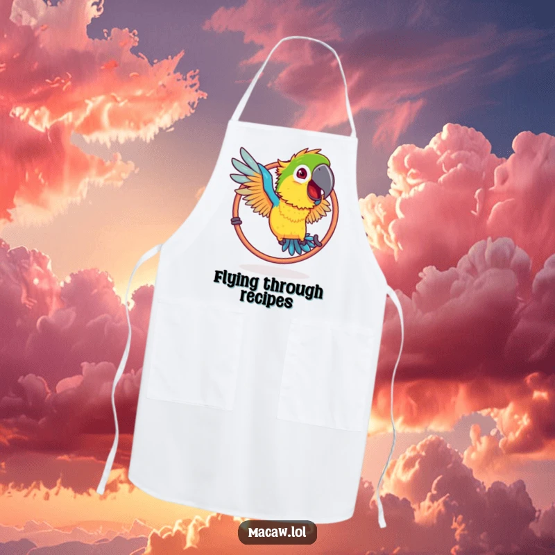 Funny Ruffled Macaw Hoop Apron: A bird with ruffled feathers humorously attempting to fly through a hoop.