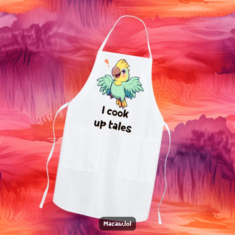 Funny apron depicting an expressive macaw bird with exaggerated wing movements, mid-storytelling, ready for culinary tales.