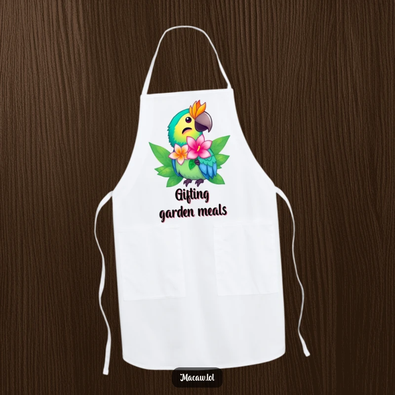 Funny macaw apron showing a vibrant bird offering a shimmering tropical flower, great for kitchen use.