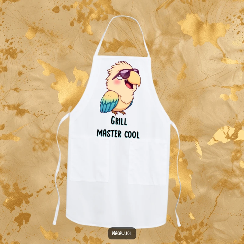 Funny apron showing a cheerful macaw bird squawking happily while wearing cool sunglasses, ready for kitchen duty with style.