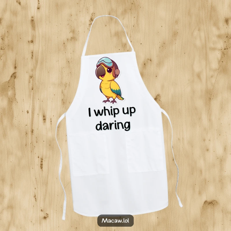 Funny apron depicting a small macaw bird wearing a tiny aviator helmet, ready for a culinary flight.
