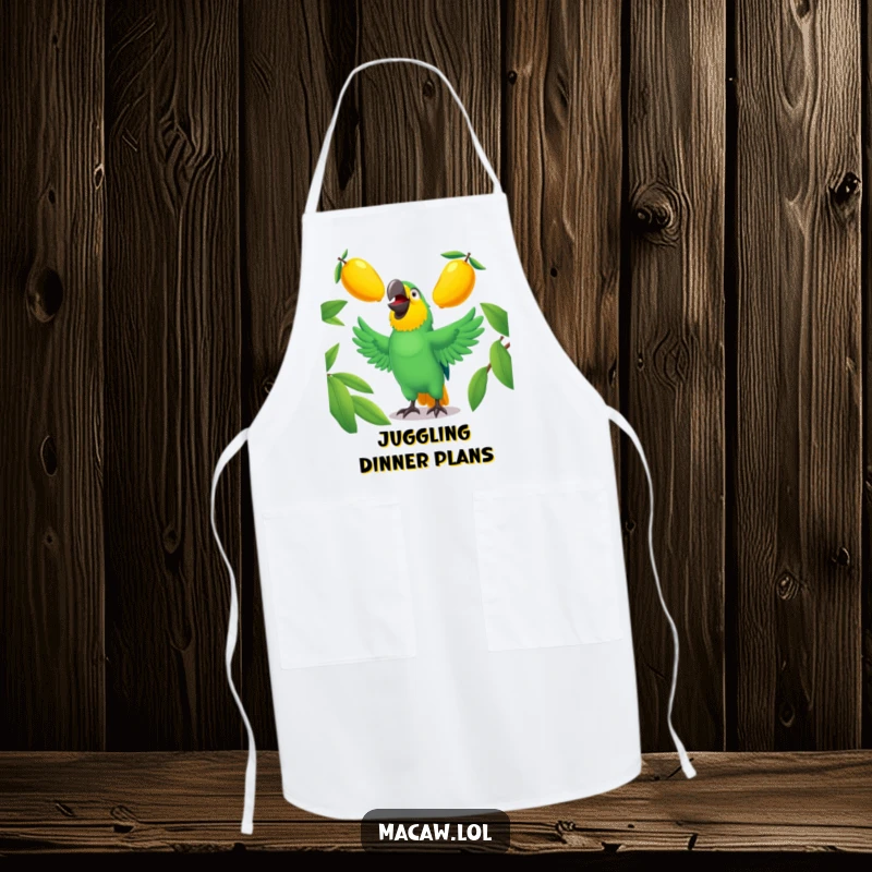 Funny macaw apron showing a laughing bird juggling three mangoes, great for cooking.