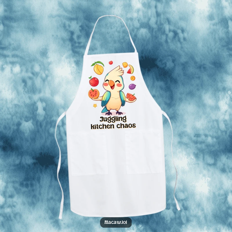 Funny Kawaii Macaw Apron featuring a mischievous macaw juggling colorful fruits, ready for kitchen fun.