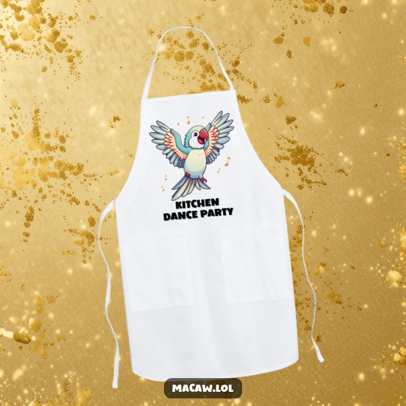 Funny Apron showcasing a happy macaw with wings spread wide, dancing with joy, ready to add rhythm to the kitchen.