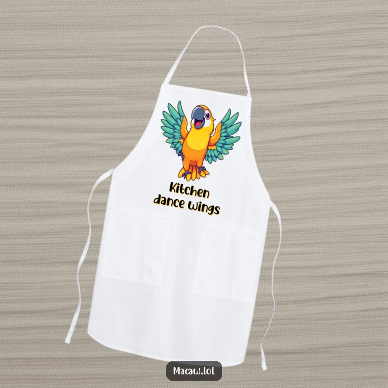 Funny apron design with a vibrant macaw dancing with outstretched wings, perfect for culinary fun.