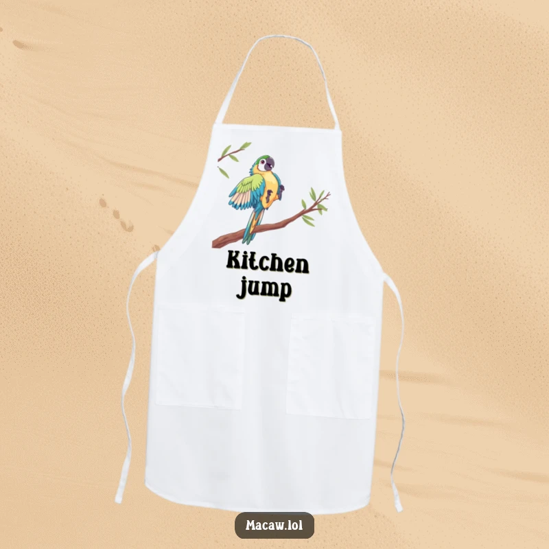 Funny Macaw Acrobat Apron: A macaw performs a dramatic leap between perches, bringing daring humor to your kitchen attire.