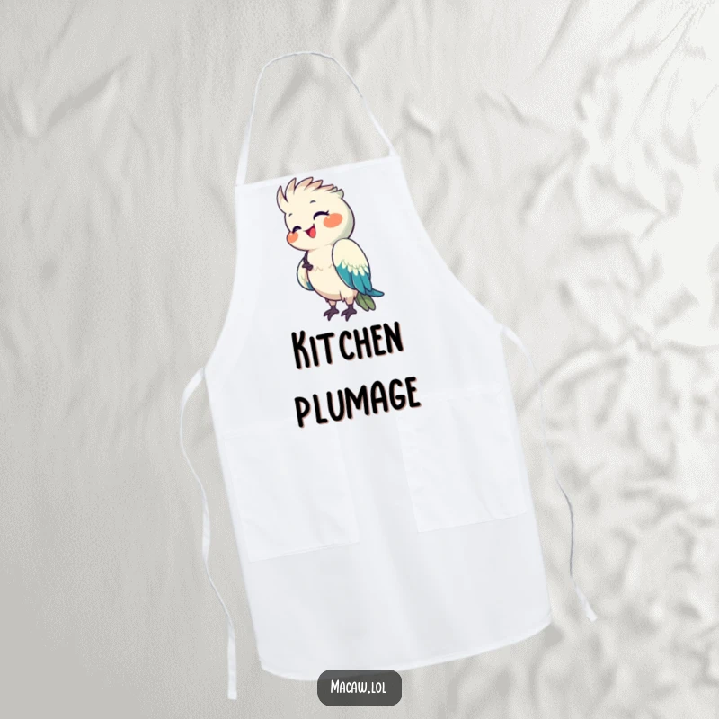 Funny Macaw Apron showing a happy macaw preening its bright feathers with a pleased expression, ideal for kitchen fun.