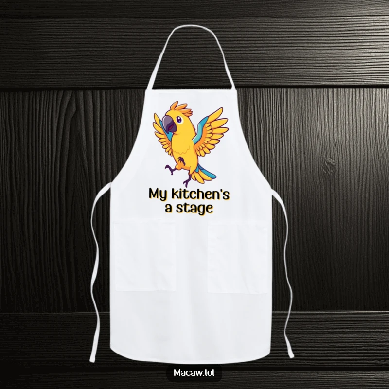 Funny macaw bird apron, stylized bird dancing energetically with fanned tail feathers, vibrant, humorous kitchen wear, gift.