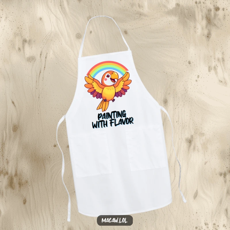 Funny Macaw Apron: A cheerful macaw bird creates a rainbow arc with its wings, adding vibrant humor to kitchen tasks.