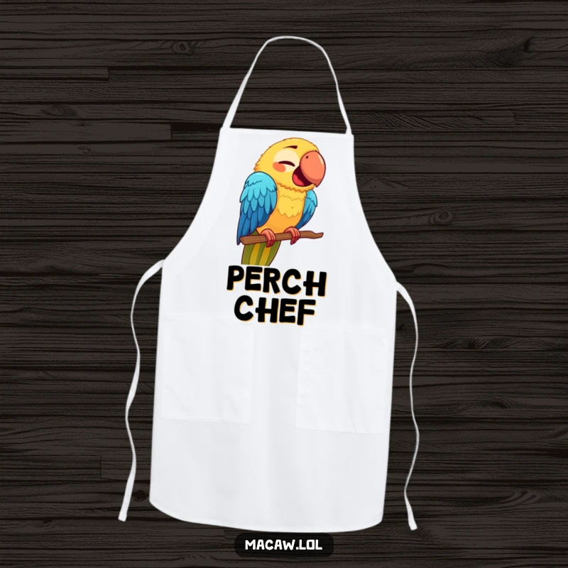 Funny Macaw Face Apron: A cute macaw making a funny face on a new perch, bringing humorous flair to the kitchen.