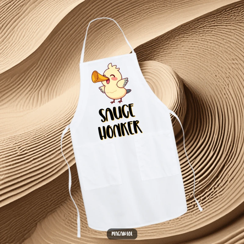 Funny Bird Horn Apron: A happy bird honks a tiny horn with great gusto, bringing musical cheer and humor to the kitchen.