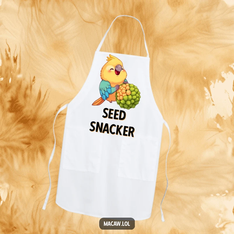 Funny Chubby Macaw Apron: A cheerful, plump macaw devouring a huge seed, perfect for a funny and functional kitchen statement.