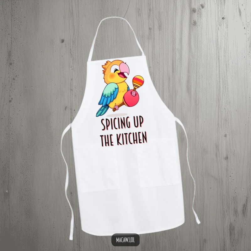 Funny macaw bird enthusiastically shaking a maraca while cooking, a humorous and festive apron.