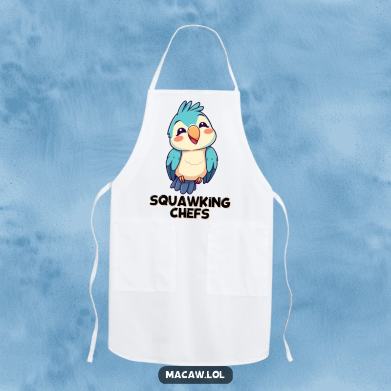 Funny kawaii macaw apron, showing a bird with a funny squawk expression, adding comical humor to the kitchen, a funny gift.