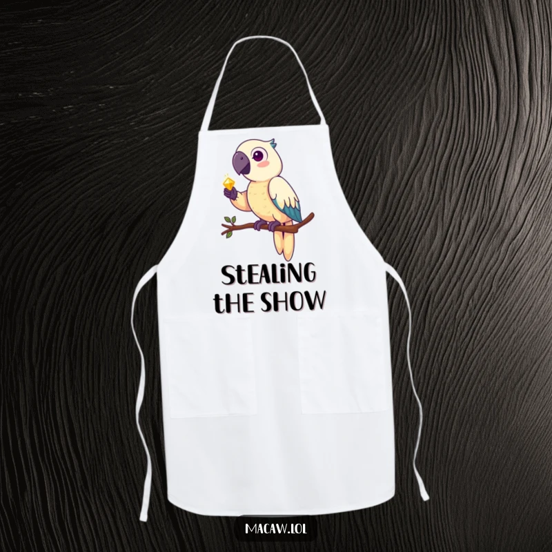Funny macaw apron, a pirate parrot perched on a branch, holding a shiny spoon like a treasured artifact.