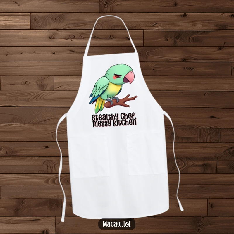 Funny Tiptoeing Macaw Apron: A silly bird with a funny, exaggerated expression, humorously tiptoeing on a branch.