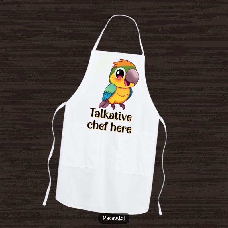 Funny Macaw Apron: A vibrantly colored macaw bird with large, curious eyes squawks happily, kitchen flair.