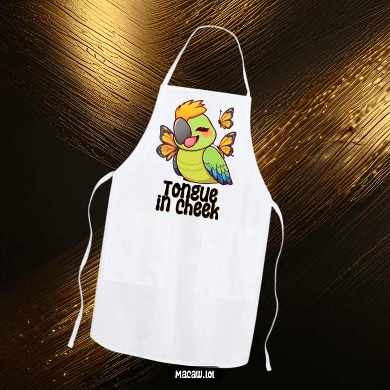 Funny cheeky macaw bird sticking tongue out playfully at a butterfly, humorous kitchen wear for cooking with a sassy flair.