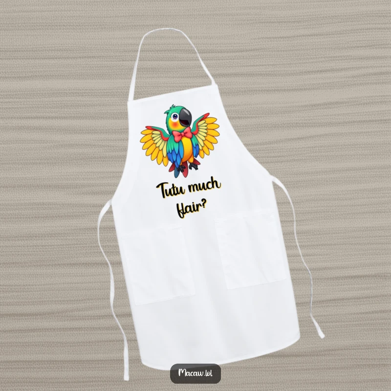 Funny Macaw Apron showcasing a vibrant bird in a dramatic, flamboyant bow, ideal for adding humor to cooking.