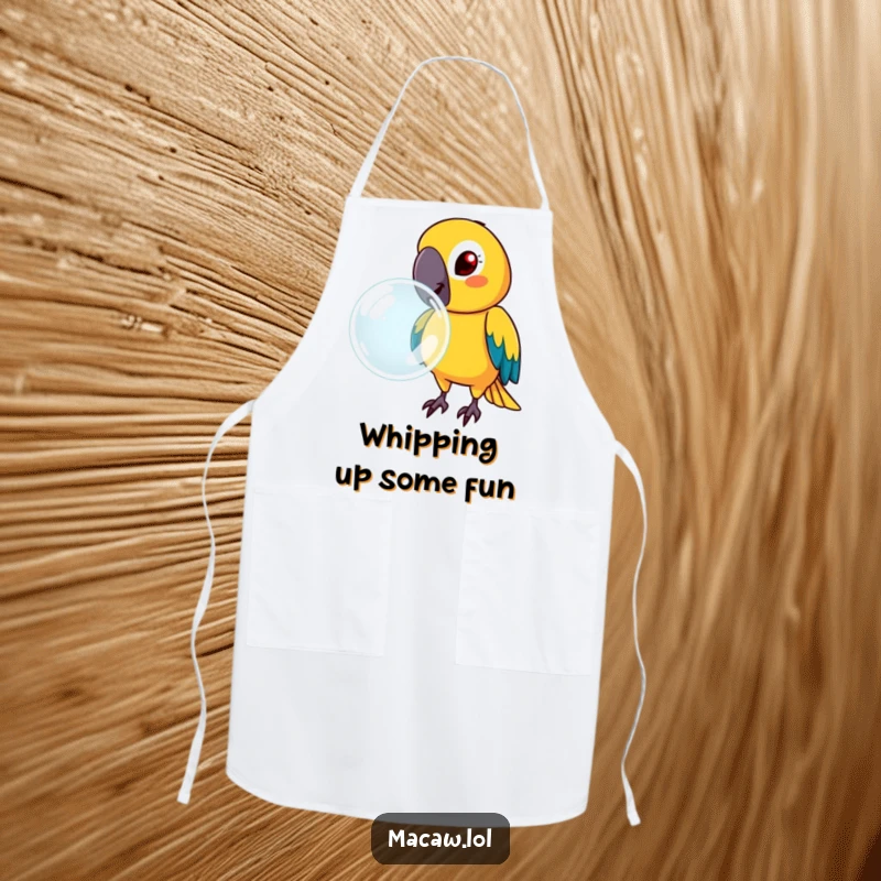 Funny macaw with a determined face, blowing a large bubble, on a kitchen apron, a humorous cooking accessory.