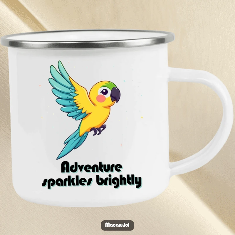 Funny macaw camping mug, a resilient bird soaring through a shimmering glitter storm, perfect for outdoor enthusiasts and humor lovers.