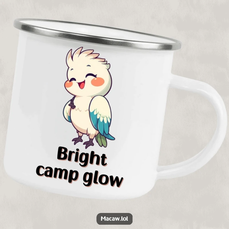Funny Macaw Camping Mug showing a happy macaw preening its bright feathers with a pleased expression.