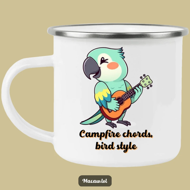 Funny Macaw Ukulele Camping Mug: Adventure with a Hilarious Bird by the Fire