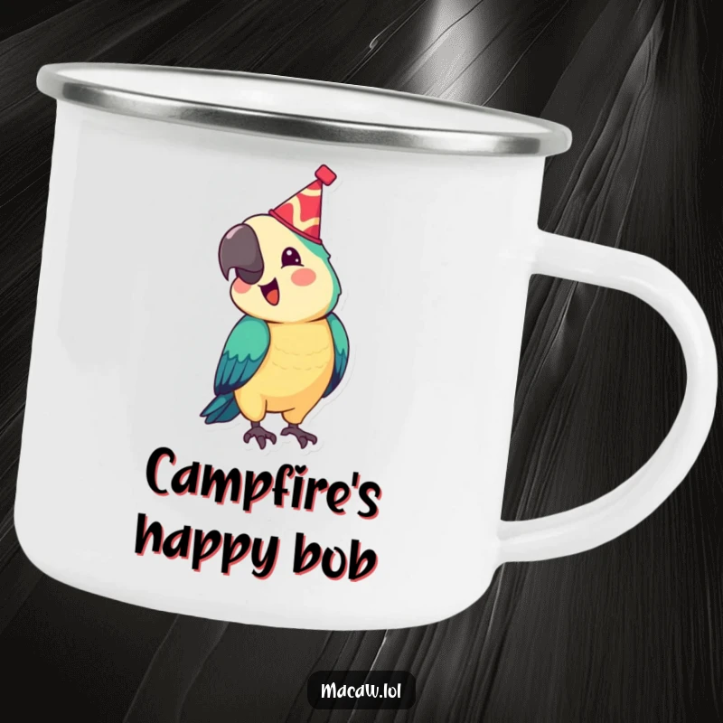 Funny camping mug with a festive macaw wearing a tiny hat, bobbing its head joyfully, a humorous and celebratory animal design, great for outdoor adventures and as a funny gift.