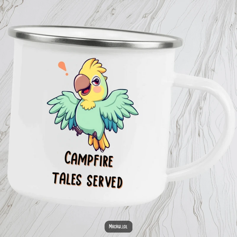 Funny camping mug featuring an expressive macaw bird with exaggerated wing movements, mid-storytelling, perfect for outdoor enthusiasts.