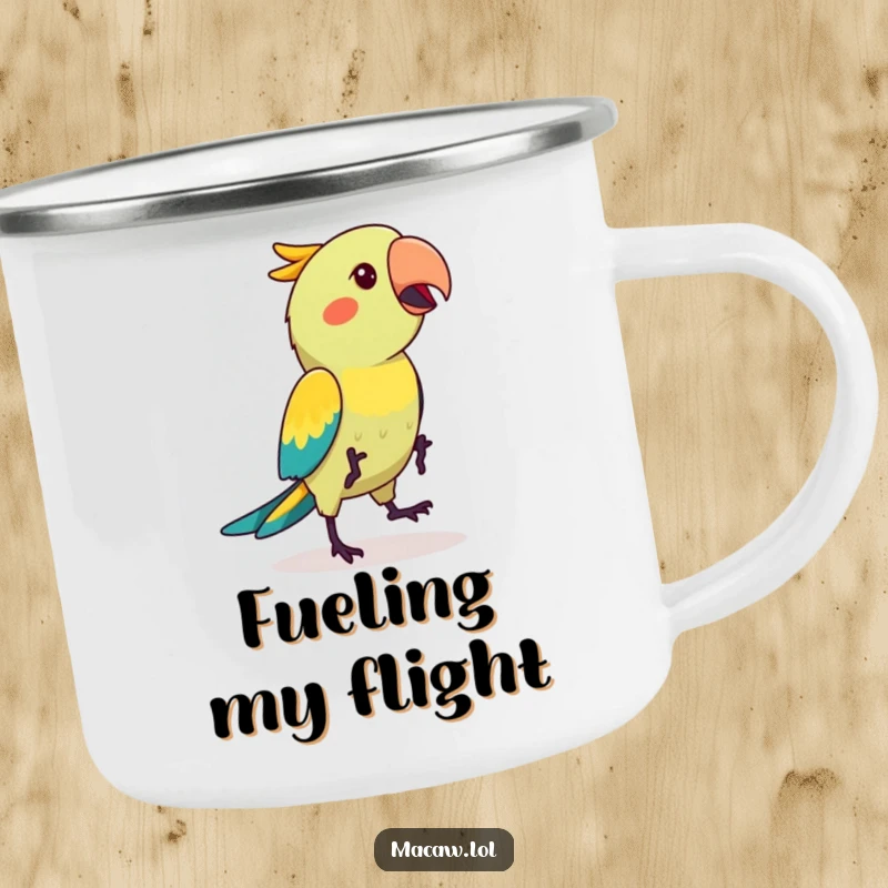 Funny kawaii macaw bird performing a lively hop dance, printed on a rugged camping mug, perfect for outdoor adventures.