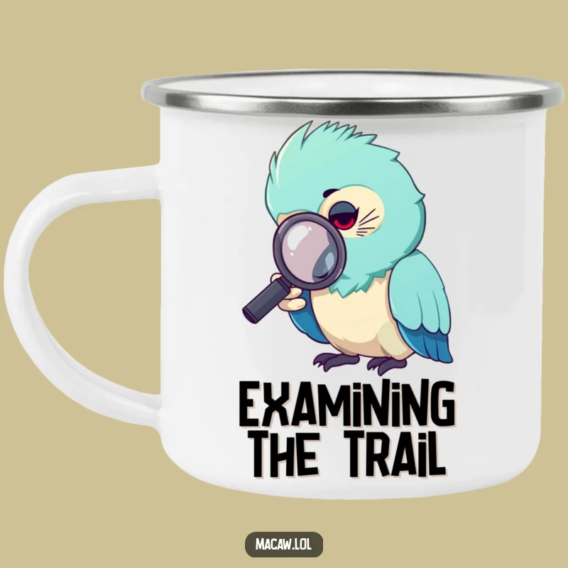 Funny Curious Macaw Magnifying Glass Camping Mug: Detective Bird Outdoor Funny Gift