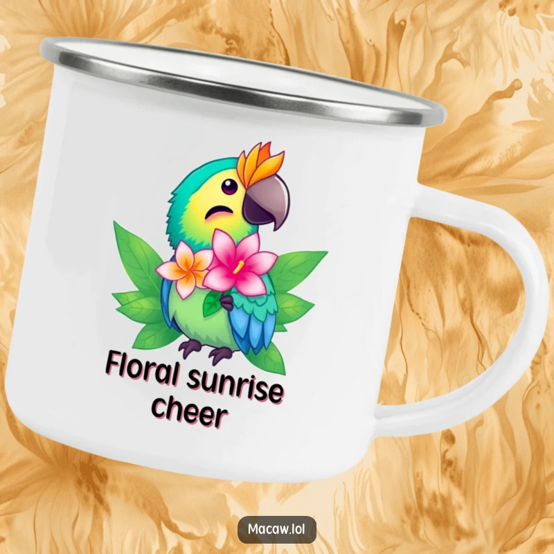 Funny macaw camping mug showing a vibrant bird offering a shimmering tropical flower, great for outdoor use.