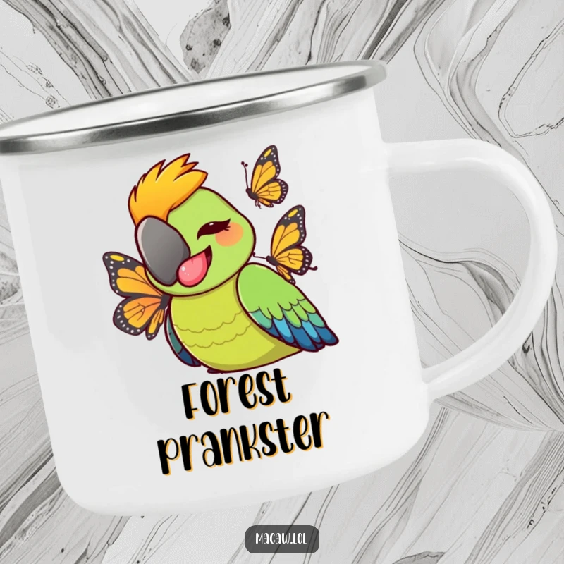 Funny cheeky macaw bird sticking tongue out at a butterfly, humorous and rugged camping mug for outdoor enthusiasts.